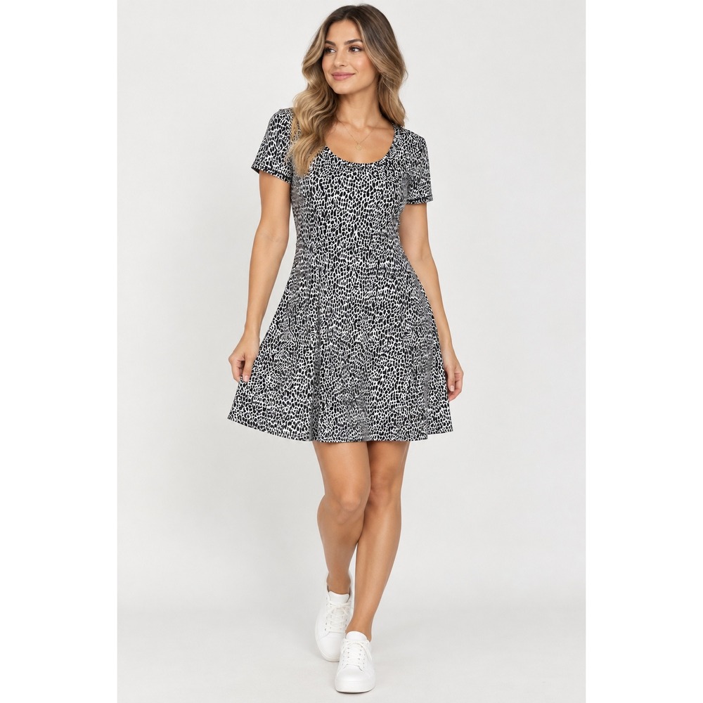 Karen Kane Black White Animal Print Fit & Flare Short Sleeve Mini Dress M USA